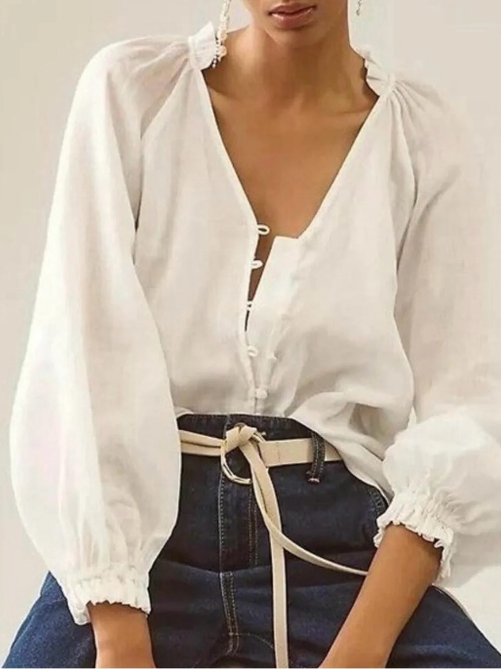 Anthropologie Cream V-Neck Button-Front Puff Sleeve Blouse